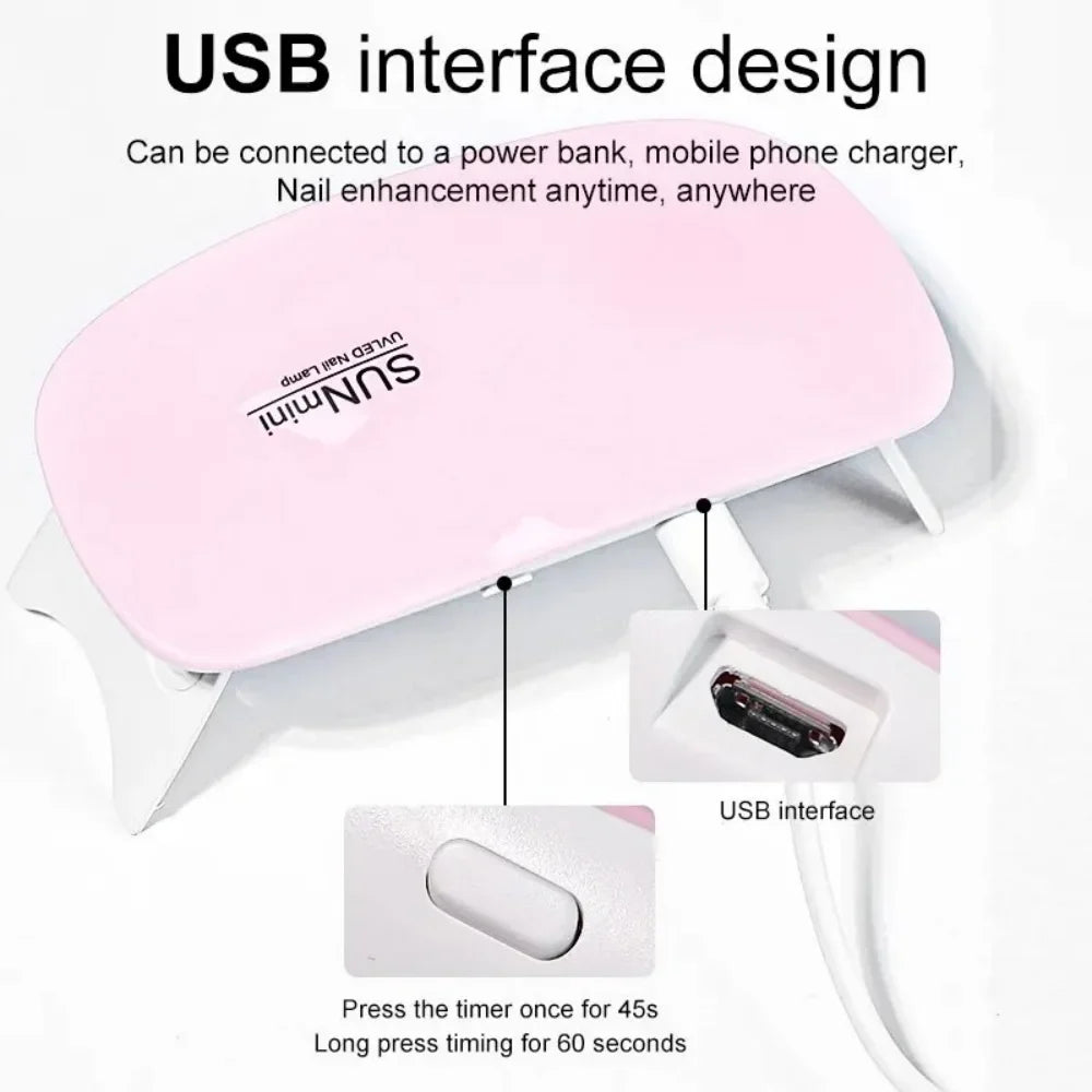 Portable 6 LED UV Nail Lamp 6W Mini Nail Dryer Machine Foldable Manicure Tool for Gel Polish Varnish Quick Drying USB Cable Tri Light Beauty