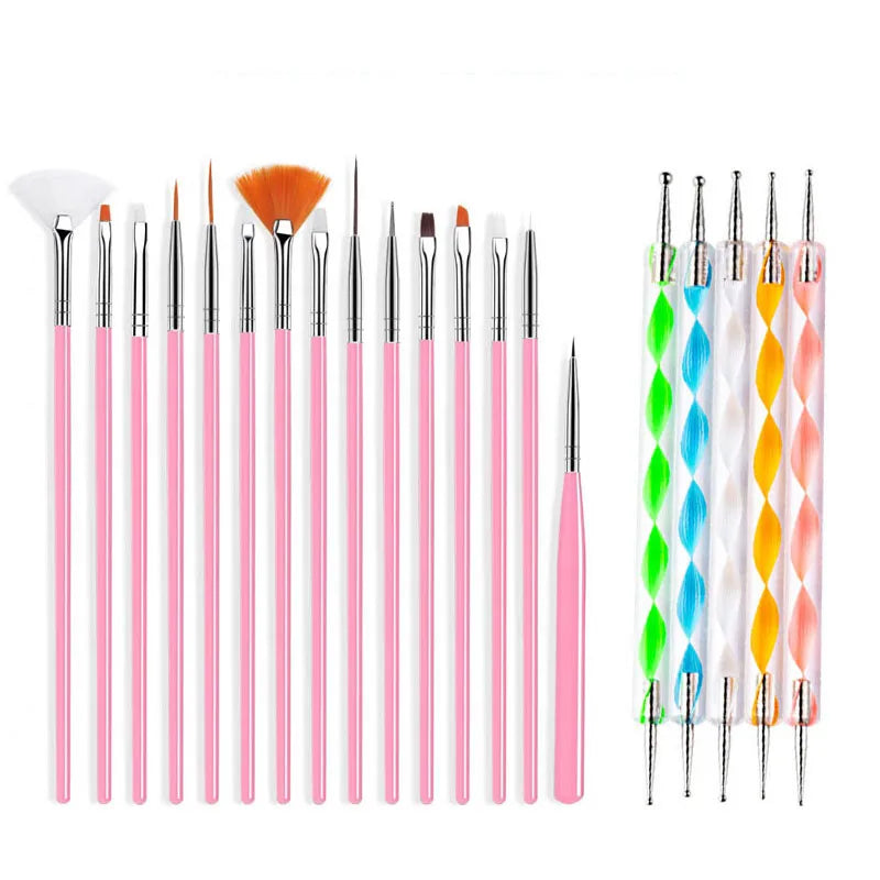 5/20Pcs Nail Art Brush Design Tip Painting Drawing Carving Dotting Pen FlatFan Liner Acrylic Gel UV Polish Manicure Tools Tri Light Beauty
