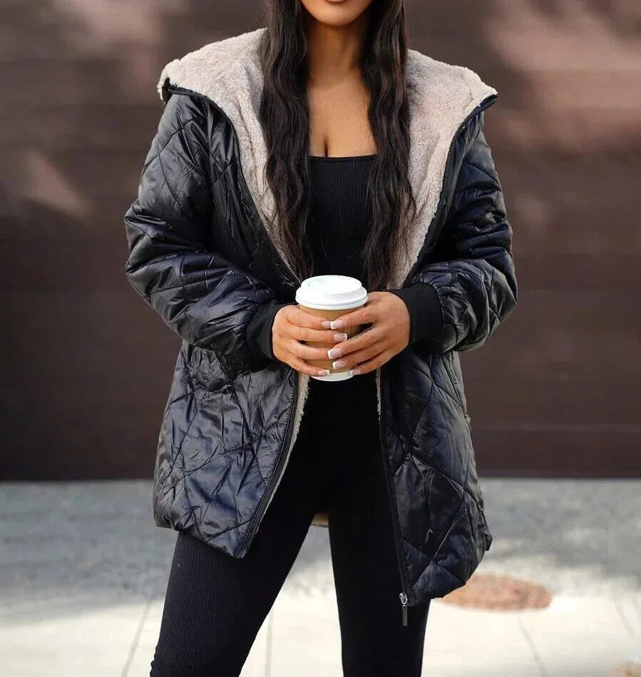 Women Fleece Lined Hooded Quilted Coat Diamond Grid Puffer Jacket Warm Sherpa Lining Zip Up Mid Length Winter Outerwear Parka LadyShow.Store
