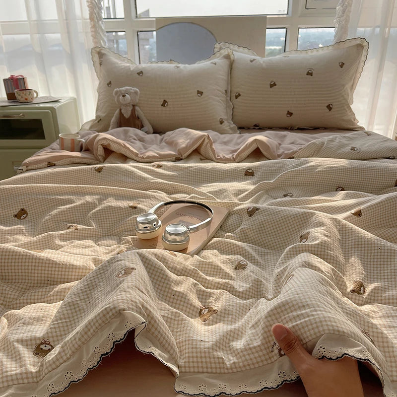 Summer Quilt Korean Style Duvet with Lace Single/Queen Size Comforter Flower Printed Quilted Blanket 여름이불 (No Pillowcase) Pi-Mart