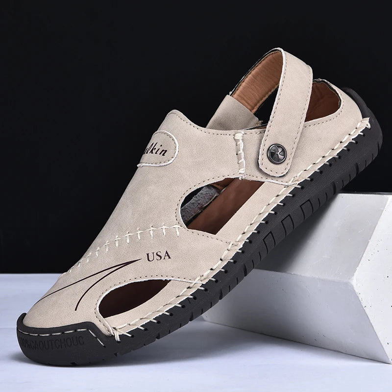New Handmade Summer Sandals Men Breathable Leather Shoes Man Outdoor Men Sandals Antiskid Beach Sandals Hollow Shoes Fashion Pi-Mart