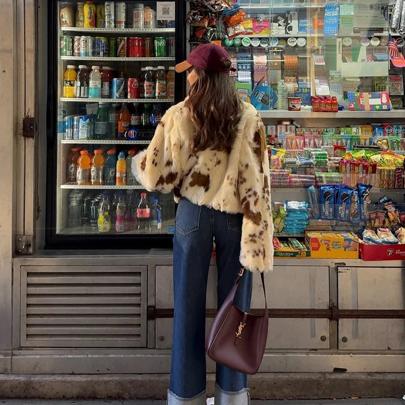 Neo Mint Chic Street Girls Cow Print Fur Coat Women 2025 Winter New Brand Fashion Warm Faux Fur Jacket Autumn Iconic Streetwear LadyShow.Store