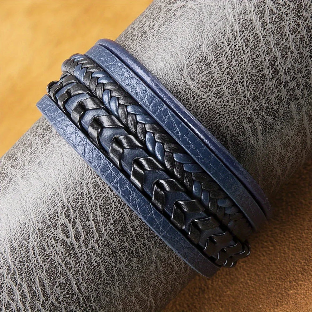 1pc Fashion Accessories MEN'S Multi-layered Vintage Leather Rope Braided Bracelet Alloy Magnetic Buckle Bracelet Pi-Mart