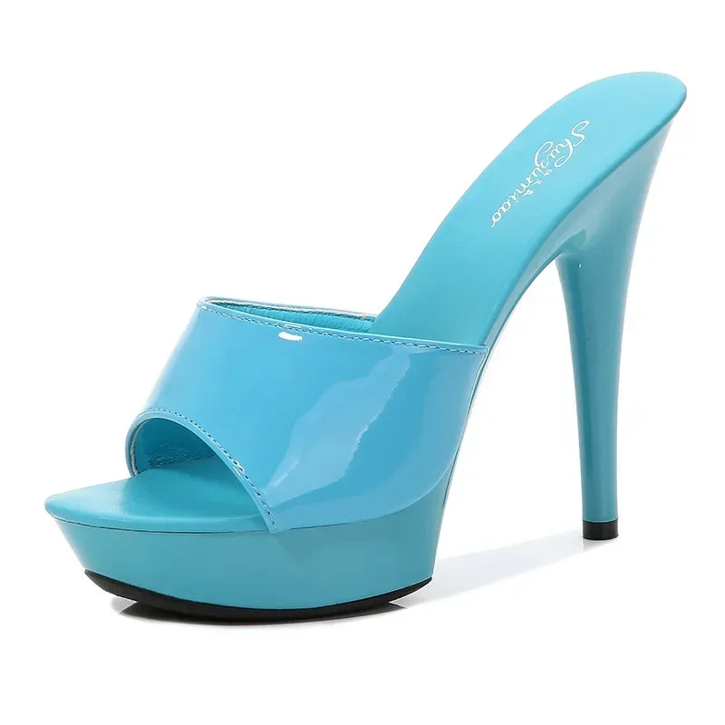 Womens Slippers Mule Patent Leather Sandals Sexy Fashion 13CM Slides Party Shoes for Woman Luxury Red Sandals Summer Comfortable LadyShow.Store