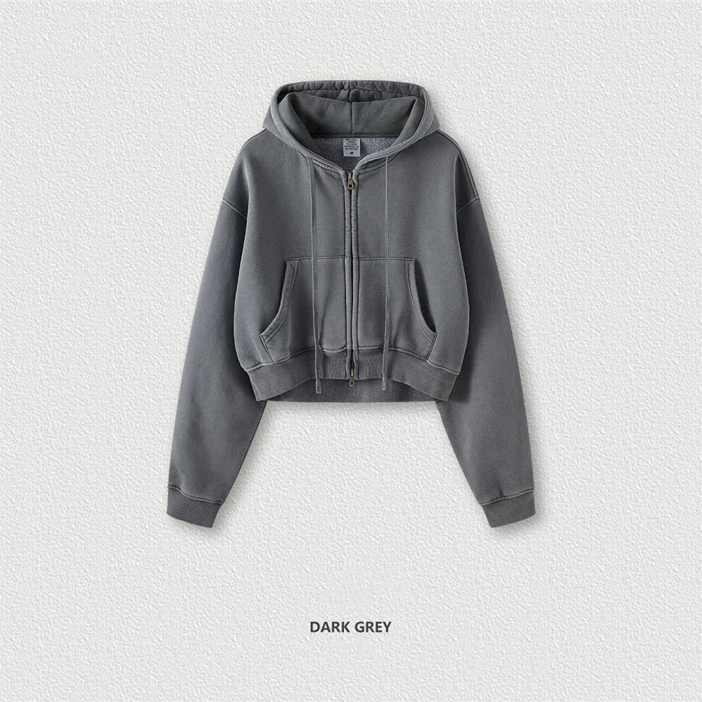 ZODF Retro 2025 Winter Women Short Zipper Hoodies Female Girls Loose 355gsm Thick Fleece Hooded Zip-up Coat Streetwears HY0448 LadyShow.Store