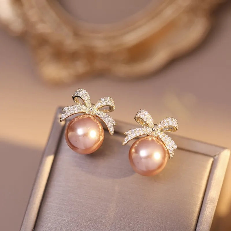 Sparkling Rhinestone Bow Pearl Stud Earrings Light Luxury Fashion Jewelry Women Gifts Wedding Birthday Pi-Mart