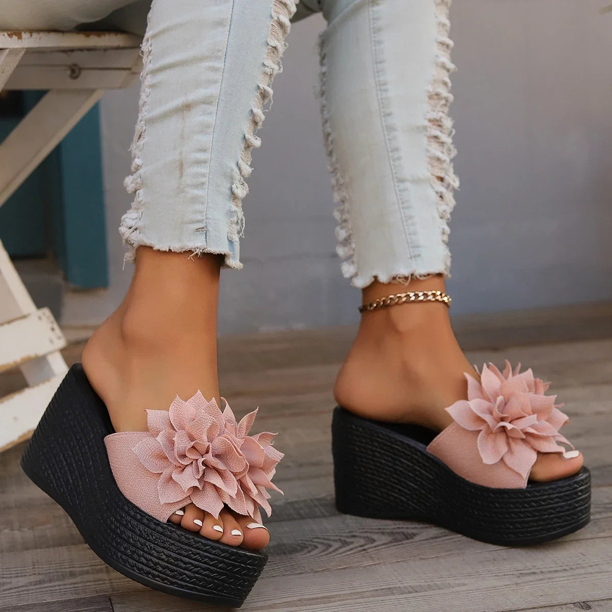Women Platform Slippers 2024 New Summer Beach Wedges Sandals Fashion Flower Casual Slippers Women High Heel Slippers Women LadyShow.Store
