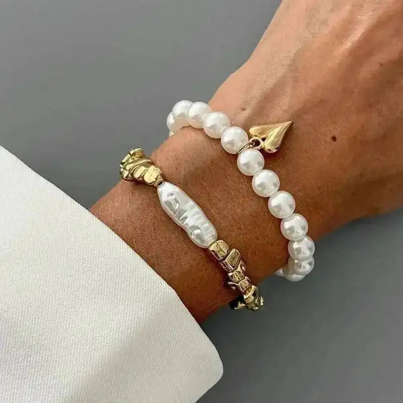 2Pcs/Set Elegant Imitation Pearl Bracelet for Women Bohemian Elastic Rope Chain Bracelet with Heart Pendant Jewelry Gift Pi-Mart