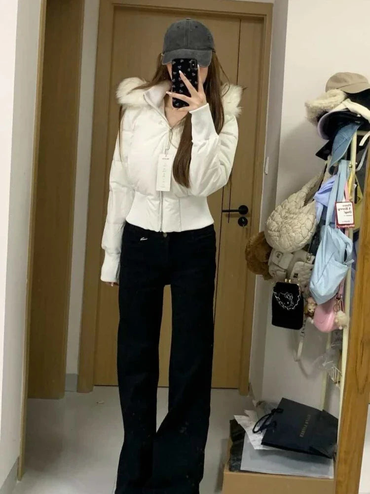 Autumn Winter Fur Collar Hooded Cropped Puffer Jacket Women's Warm Cotton Padded Jacket Short Top Windproof Coat Y2K High Waist LadyShow.Store
