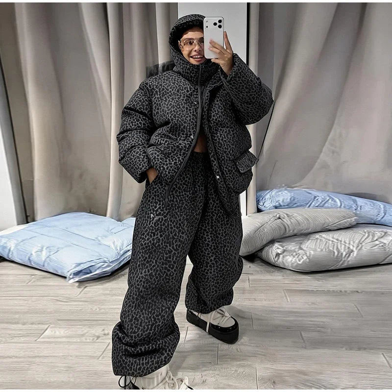 Chic Leopard Hooded Puffer Coat Set Women Quilted Full Sleeve Zip Jacket Wide Leg Pants 2026 New Lady Winter Thicken Warm Outfit Pi-Mart