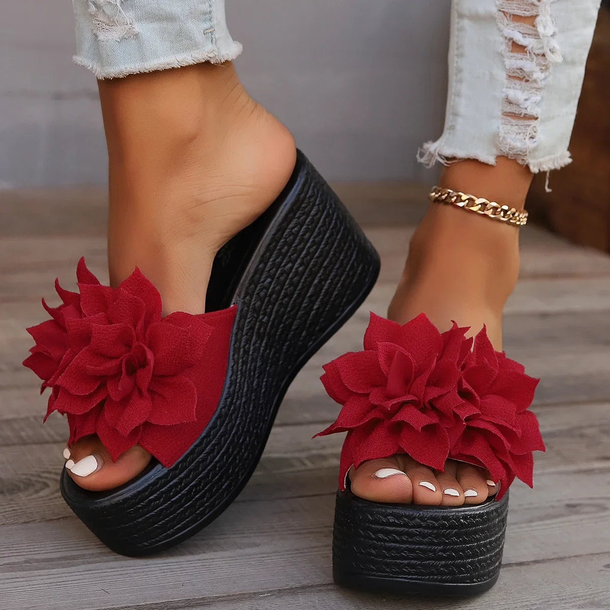 Women Platform Slippers 2024 New Summer Beach Wedges Sandals Fashion Flower Casual Slippers Women High Heel Slippers Women LadyShow.Store