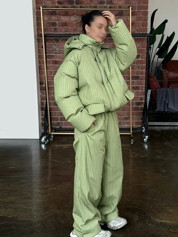 Women Striped Hooded Puffer Two Piece Outfit Oversized Cropped Jacket Baggy Pants Set Daily Outdoor Fashion Matching Outfit LadyShow.Store