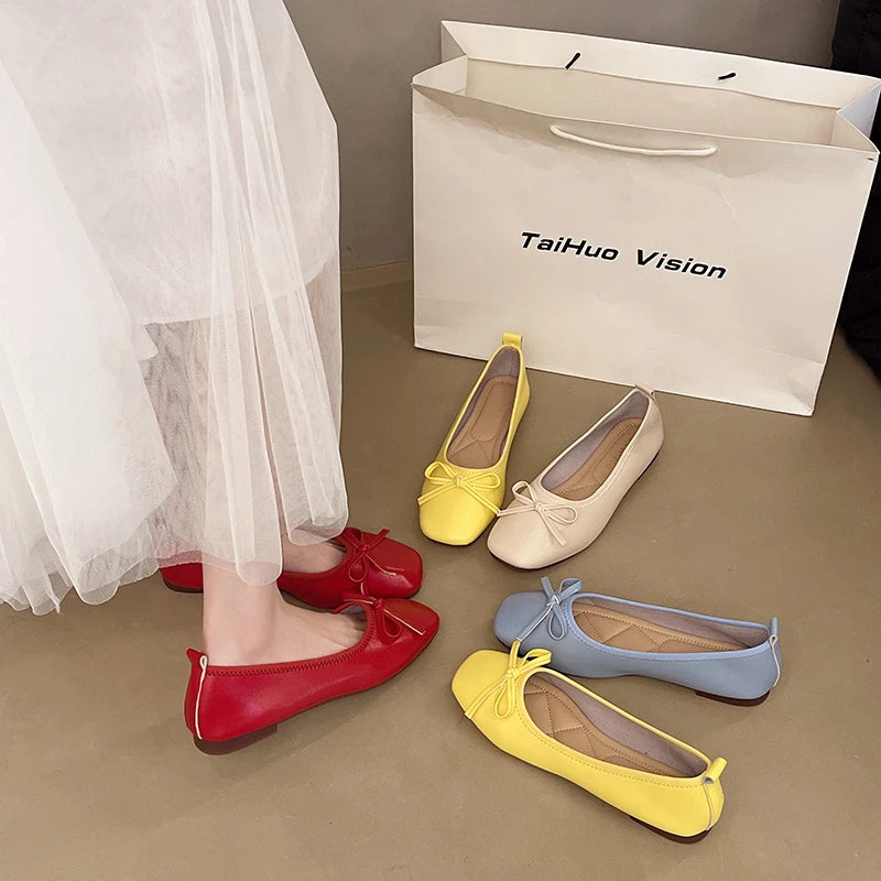 2026 Brand Women Flats Spring New Square Toe Bowknot Ladies Casual Ballet Shoes Big Size Slip on Soft Eelgant Dress Shoes 12457 Pi-Mart