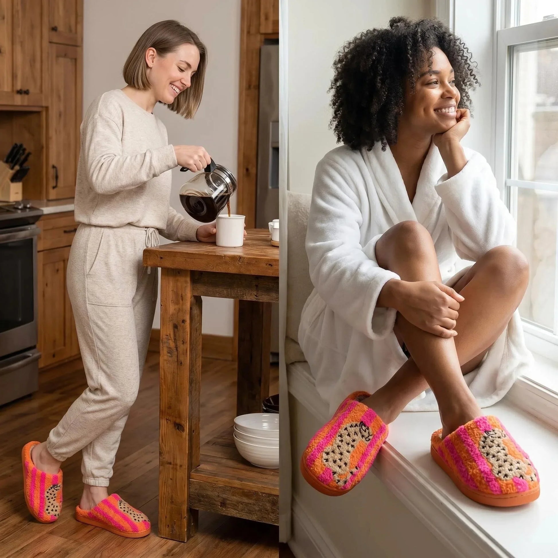 Ins-Style Cute Color-Block Embroidered Winter New Striped Leopard Print Plush Slippers for Women, Indoor Non-Slip Warm Plush Shoes, a Top Choice for Holiday Gifts LadyShow.Store