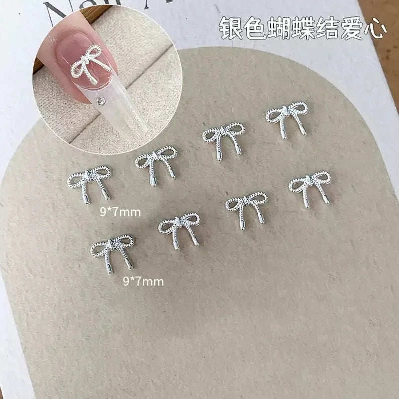 2Sizes Bowtie Love Nail Parts Nail Charms Korea Mini Silver Ribbon Bow tie Alloy Nail Art Accessories 3D Luxury Nail Decorations Pi-Mart