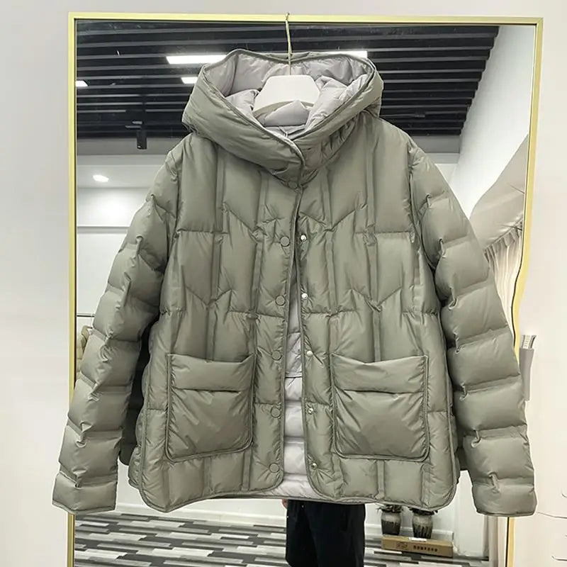 90% White Duck Down Women Down Jackets 2023 New Female Stand Collar Single-Breasted Puffer Jacket Casual Loose Hooded Parkas LadyShow.Store