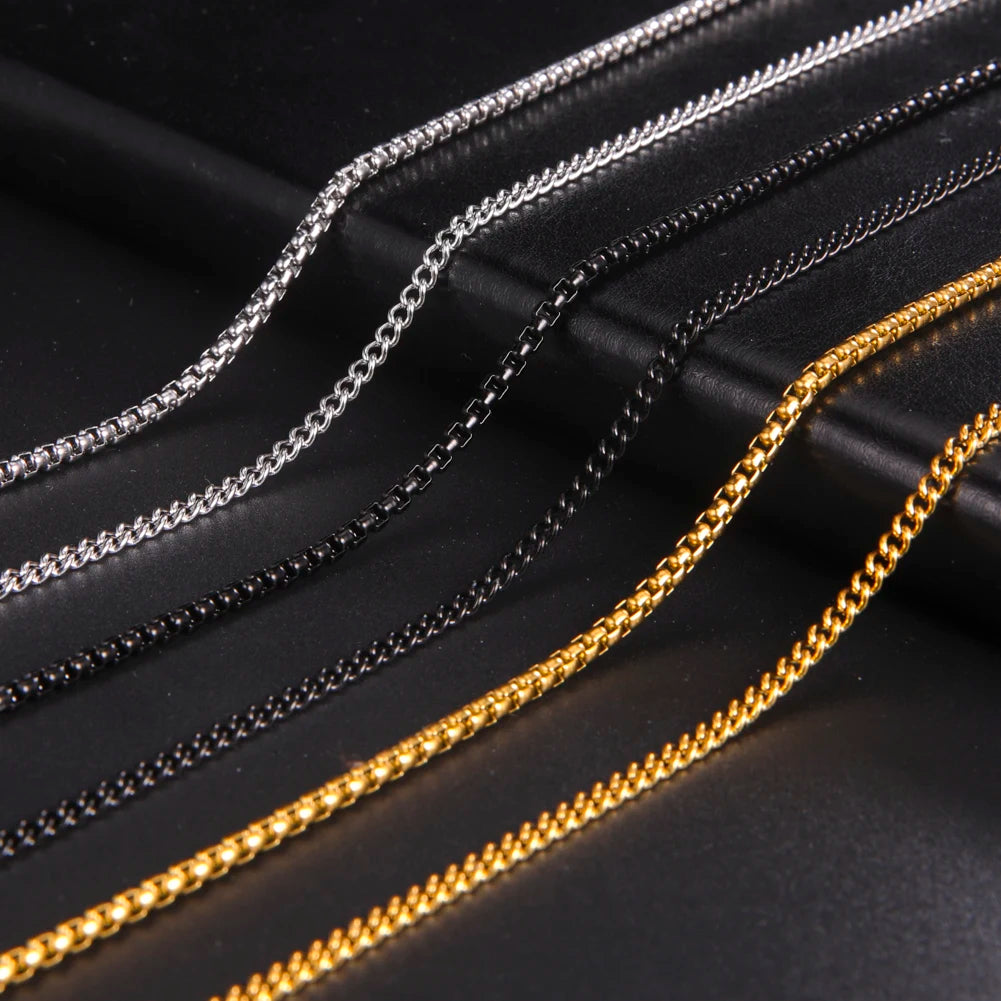 Skyrim Fashion 60cm Long Box Chain Necklace Men Stainless Steel Black Gold Color Link Chains Basic Punk Jewelry Wholesale Pi-Mart