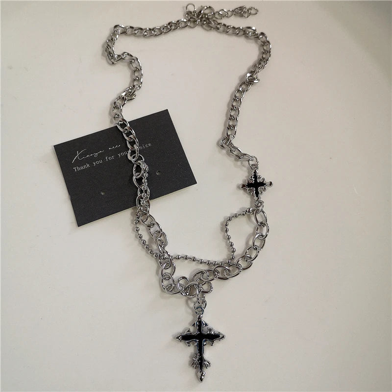 Punk Rock Black Heart Cross Pendant Chain Necklace For Men Women Cool Hip Hop Street Vintage 90s Y2K Grunge Goth Accessories Pi-Mart