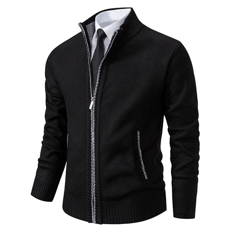 Autumn And Winter New Jersey Men's Casual Sports Coat Solid Color Stand Collar Wweater Grab Fleece Warm Zipper Cardigan Pi-Mart