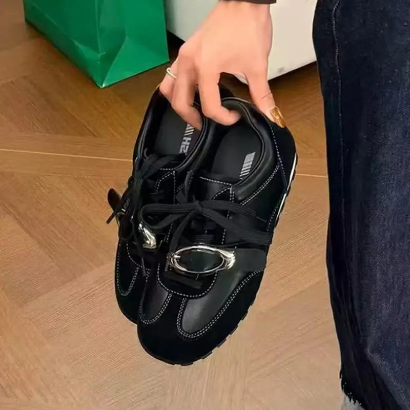 Korean Style Black Polka Dot Sneakers Women Spring 2026 Luxury Metal Decoration Designer Vulcanize Shoes Woman's Sports Shoes Pi-Mart