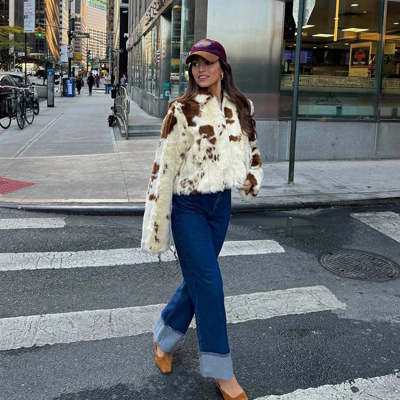 Neo Mint Chic Street Girls Cow Print Fur Coat Women 2025 Winter New Brand Fashion Warm Faux Fur Jacket Autumn Iconic Streetwear LadyShow.Store