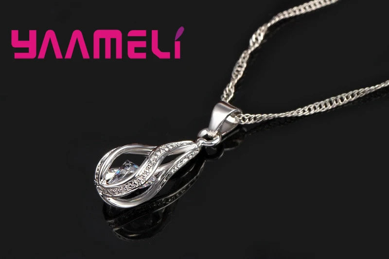 Hot Water Drop CZ 925 Sterling Silver Plated Jewelry Set For Women Pendant Necklace Hoop Earrings Wedding Party Ceremoey Anel Pi-Mart