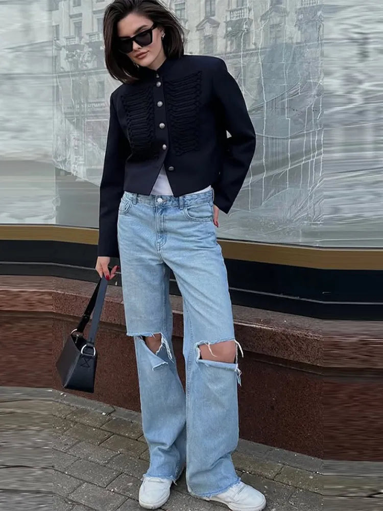 Chic Women's Cropped Jacket Stand Collar Single Breasted Long Sleeve Female Coat 2026 Spring Slim Fashion Solid Lady Outwear LadyShow.Store