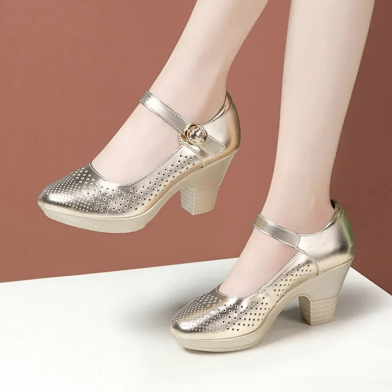 5.5cm 7.5cm Small Size 33 Breathable Cutout Block Heels Shoes Mary Janes 2026 Soft Leather Platform Pumps for Mom Dance Model Pi-Mart