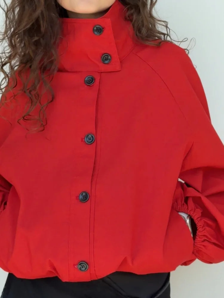 AACHOAE Women High Neck Lightweight Jacket Casual Long Sleeve Windbreaker Coat Drawstring Hem Button Front Short Outerwear Pi-Mart