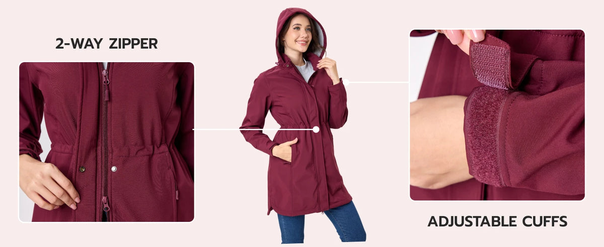 TACVASEN Women's Long Hooded Jacket Fleece Lined Softshell Jacket Waterproof Windproof Hiking Jacket Rain Coat Windbreaker Parka Pi-Mart
