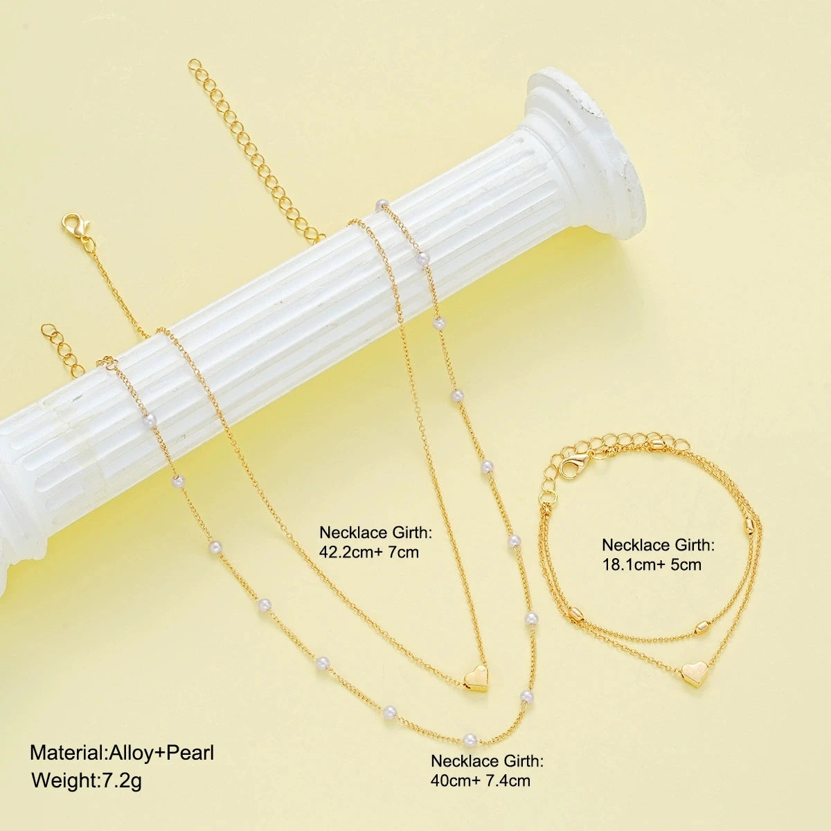 Fashion Imitation Pearl Heart Jewelry Set For Women Gold Silver Color Round Beads Necklace Bracelet Set Daily Wear Accessories Pi-Mart