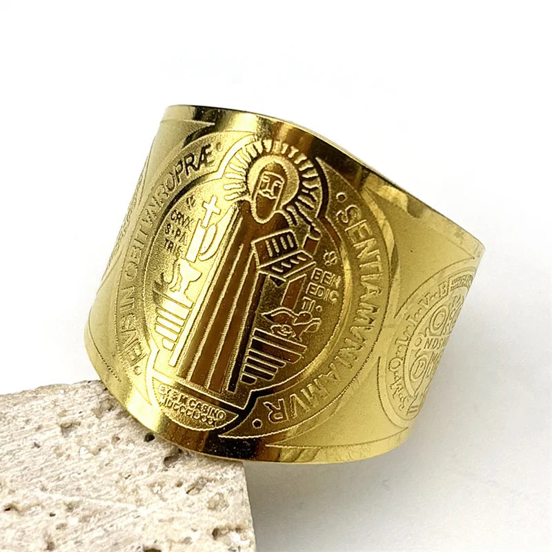 Catholic Saint Benedict Medallion Adjustable Rings for Women Men Stainless Steel Open Finger Ring Amulet Jewelry San Benito Pi-Mart