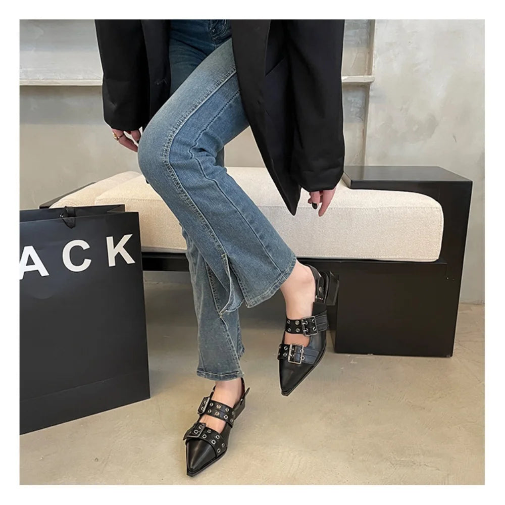 New Women Sandals Shoes Pointed Toe 2025 Spring Fashion Shallow Footwear Slingbacks Ladies Sandals Flats Shoes Big size Pi-Mart