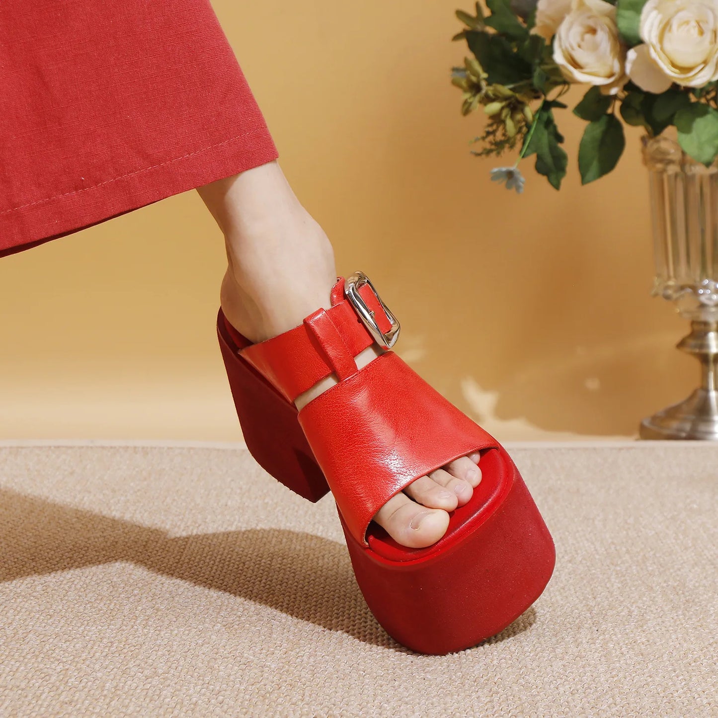 GKTINOO 2026 Summer New Genuine Leather Thick Soled Height Increasing Slippers Fashionable Women's Super High Heels Sandals Pi-Mart
