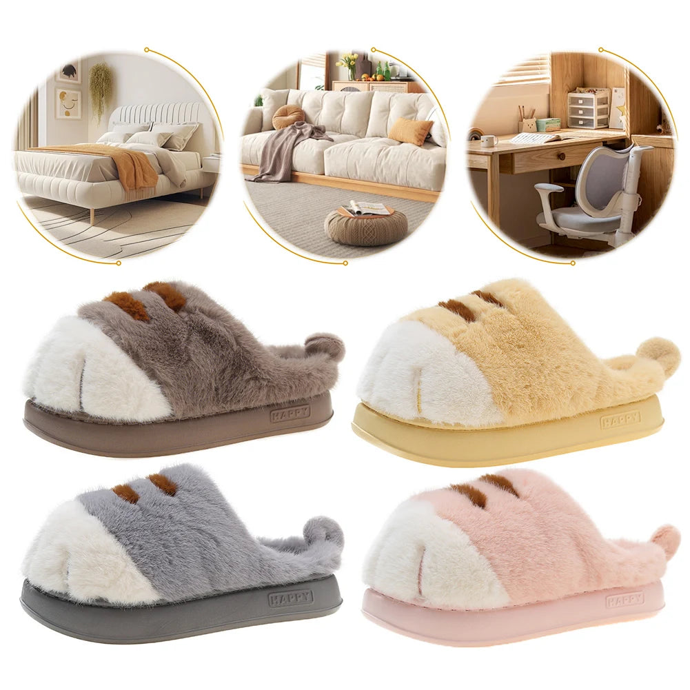 3D Cat Paw Plush Slippers Warm Slip-on House Shoes Anti Slip Flat Thermal Slippers Furry Paw Couple Slippers for Autumn Winter Pi-Mart