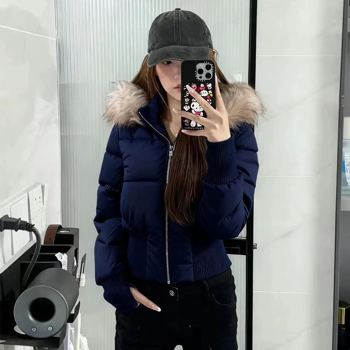 Autumn Winter Fur Collar Hooded Cropped Puffer Jacket Women's Warm Cotton Padded Jacket Short Top Windproof Coat Y2K High Waist LadyShow.Store