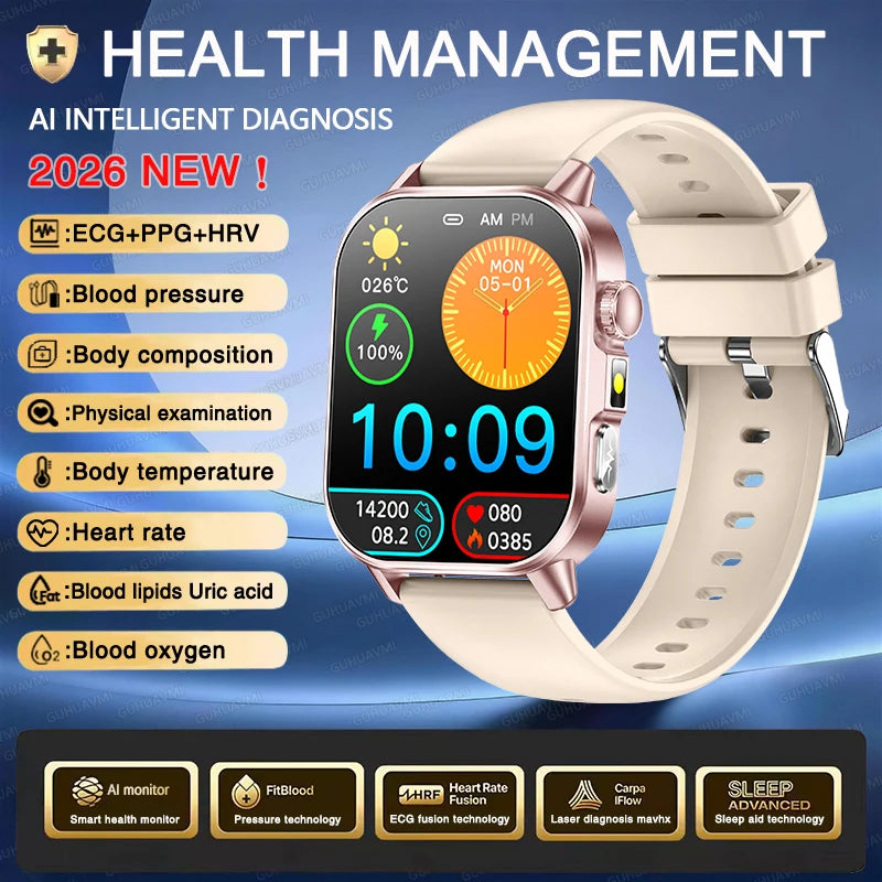 New Men Accurate Health Diagnosis ECG Smart Watch Blood Pressure Blood Oxygen Blood Fat Uric Acid Temp Bluetooth call Smartwatch Pi-Mart