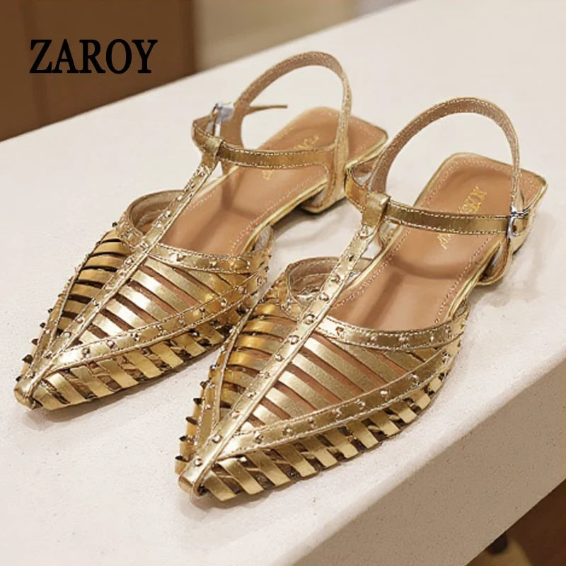 ZAROY Designer Narrow Band Flat Sandals Women Summer Point Toe Ankle Buckle Hollow Roman Sandal Plus Size Casual Beach Sandalias LadyShow.Store