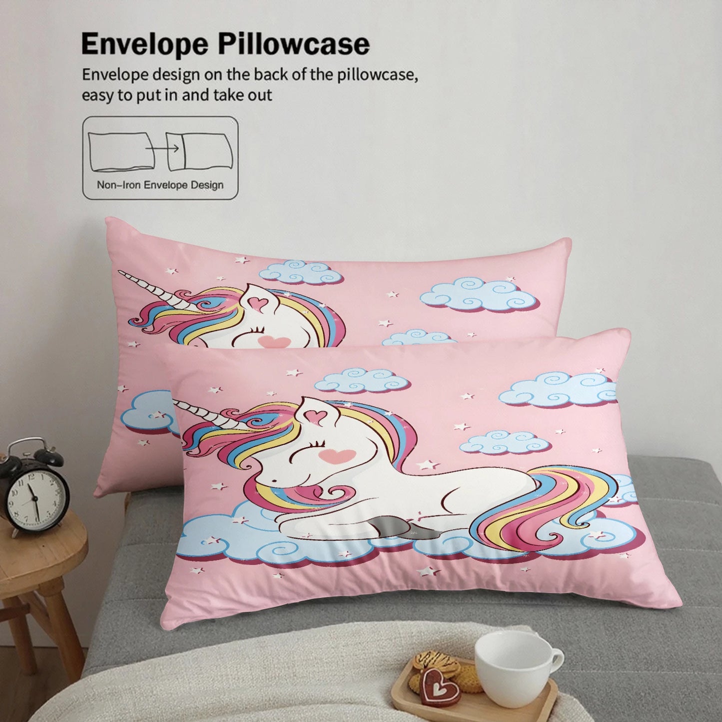 Cute Rainbow Unicorn Duvet Cover Set Pink Cloud Star Bedding For Kids Girls Bedroom Twin Queen King Size With 2 Pillowcases Pi-Mart