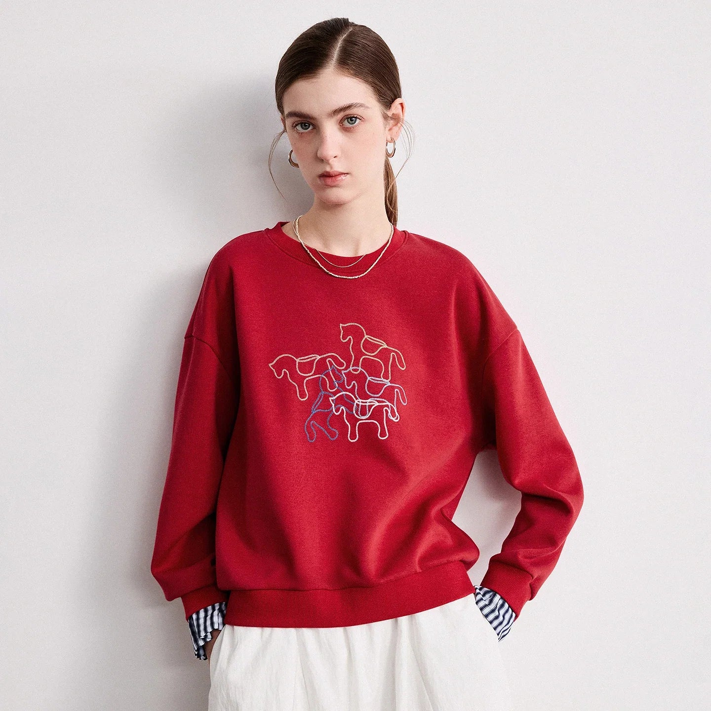 TOYOUTH Women Crewneck Patchwork Plaid Fake Two-Piece Pony Embroidery Loose Sweatshirt 2026 Spring New Tops LadyShow.Store