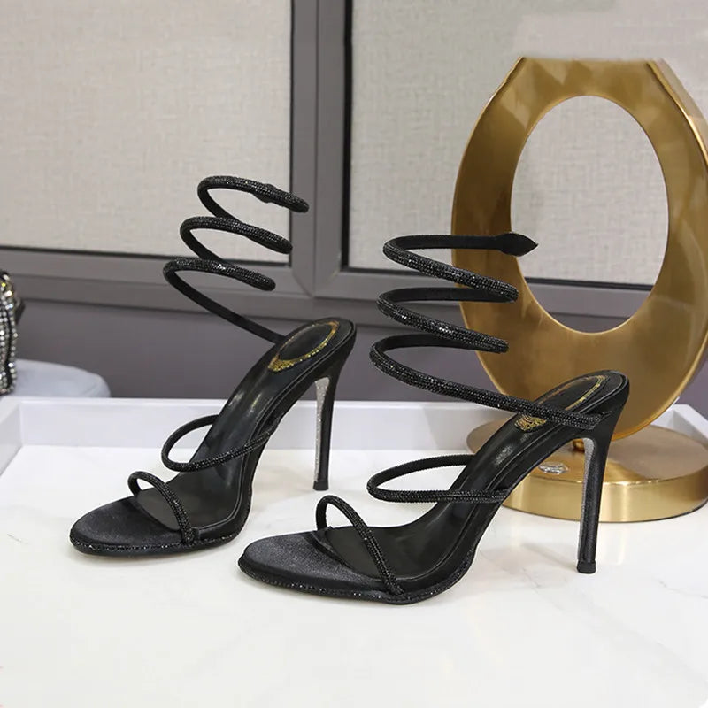 Fashion Summer Snake Twine Around Crystal Women Sandals Luxury Rhinestones Thin High heels Gladiator Sandals  Party Prom Shoes Pi-Mart