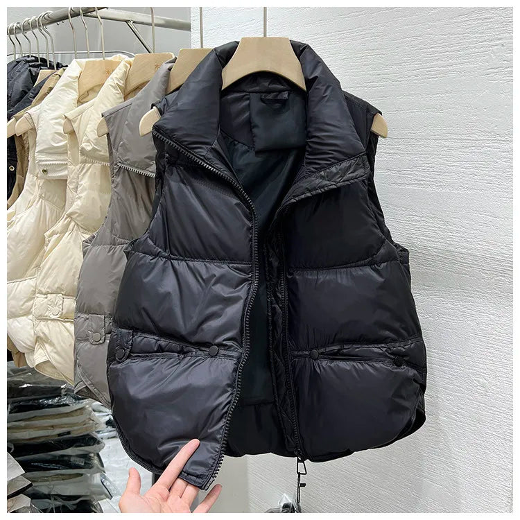 Women Autumn Winter Down Cotton Vest Jacket 2025 New Women Loose Stand Collar Vest Coat Women Short Vest Jacket Cotton Waistcoat LadyShow.Store