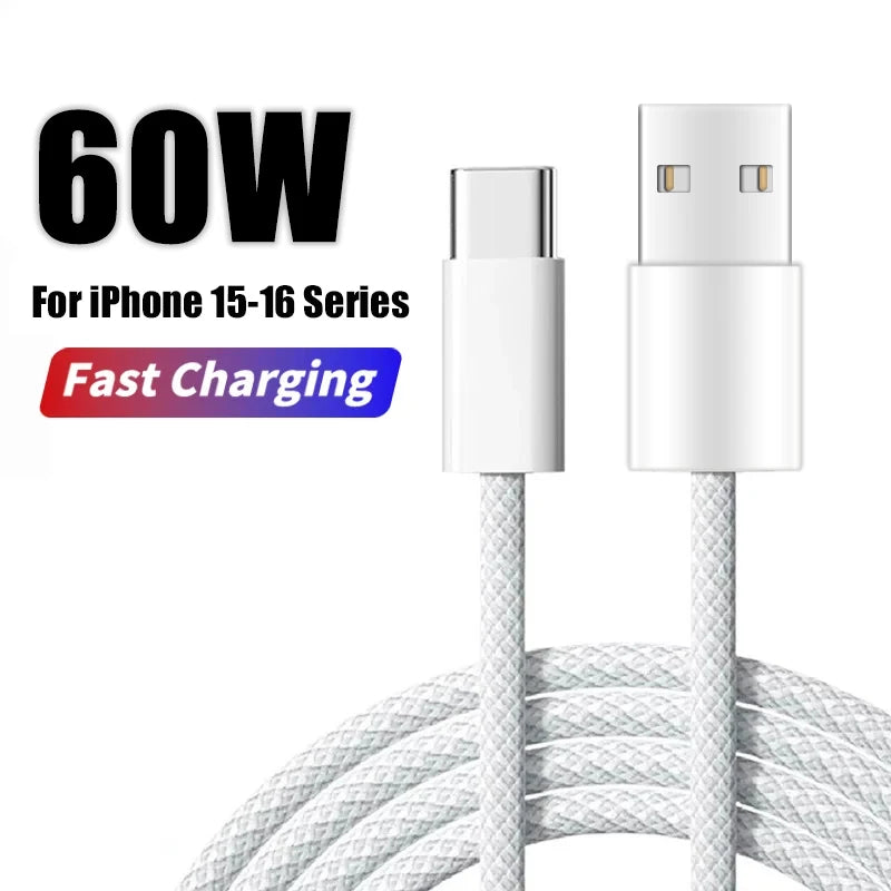 60W USB C Phone Cable For iPhone 16 15 17 Pro Max 17 Air Plus Fast Charging Type-C Charge Braided Cables USB to Type C Data Line Pi-Mart