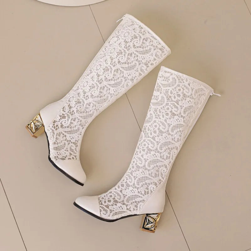 Vintage Hollow Embroider Mesh Surface Knee Length Women's Boot  5.5cm Thick Heel Fashion Women's Boot 34-47 Summer Cool Boots LadyShow.Store