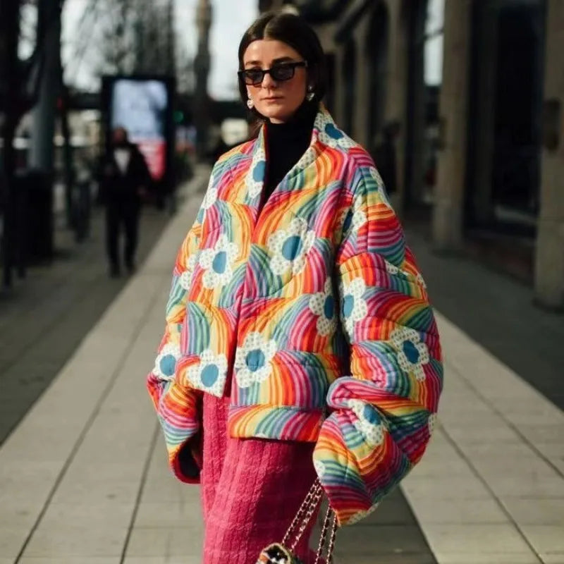 Rainbow Floral Print Winter Cotton Coat Women Chic Casual Cardigan Vintage Harajuku Autumn Puffer Jacket Quilted Streetwear New LadyShow.Store