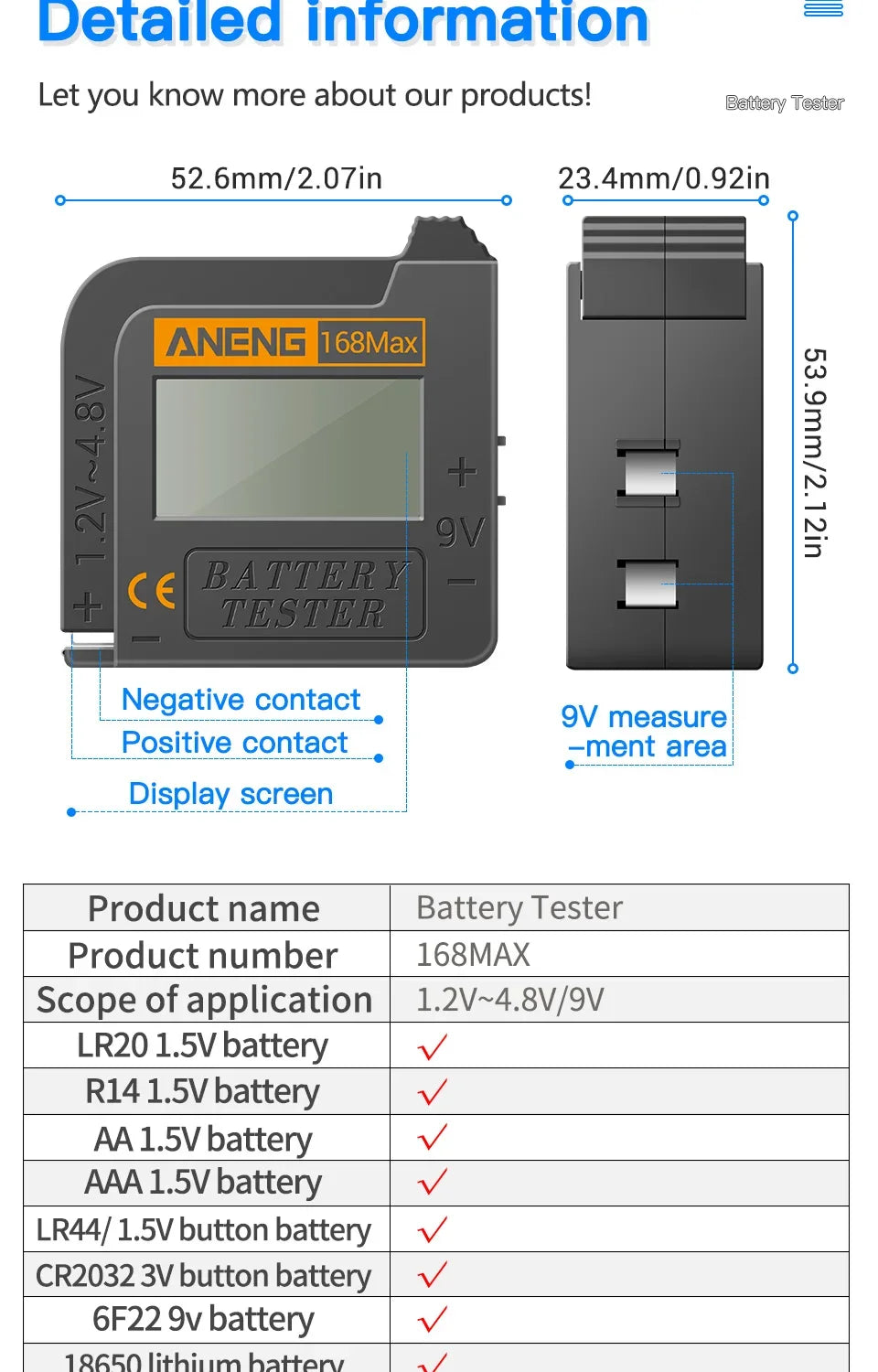 ANENG 168MAX Self Powered Digital LCD Battery Checker AA AAA C D 9V Button Cell 18650 Lithium Cell Voltage Capacity Test Tool Pi-Mart