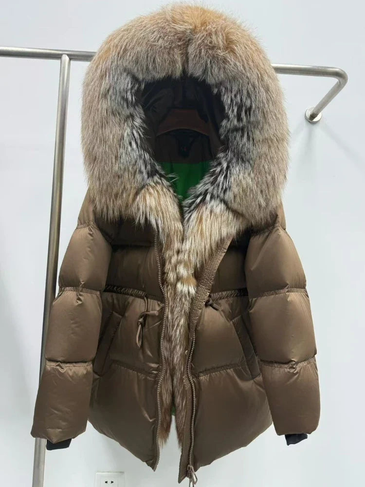 Fox Fur Jacket Women Loose Hooded White Goose Down Coat Female New Autumn Winter Thick Warm Natural Real Fur Puffer Jacket Lady LadyShow.Store