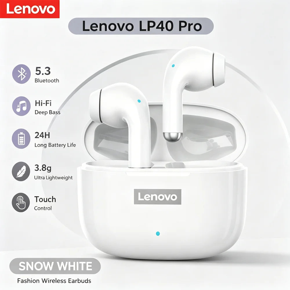 Lenovo LP40 Pro TWS Bluetooth 5.4 Wireless Headphones HiFi Stereo Earphones Gaming Sports Touch Control HD Call With Mic Earbuds Pi-Mart