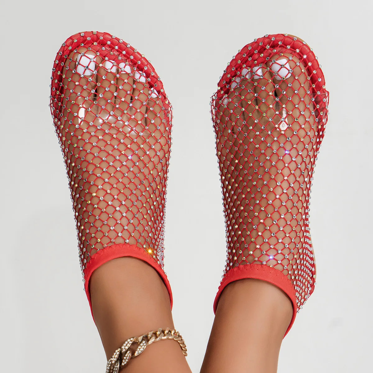 2024 Summer Women's New Round Toe Flat Bottom Sandals Hollow Short Boots Water Diamond Sexy Flat Bottom Fashion Banquet Slippers Pi-Mart