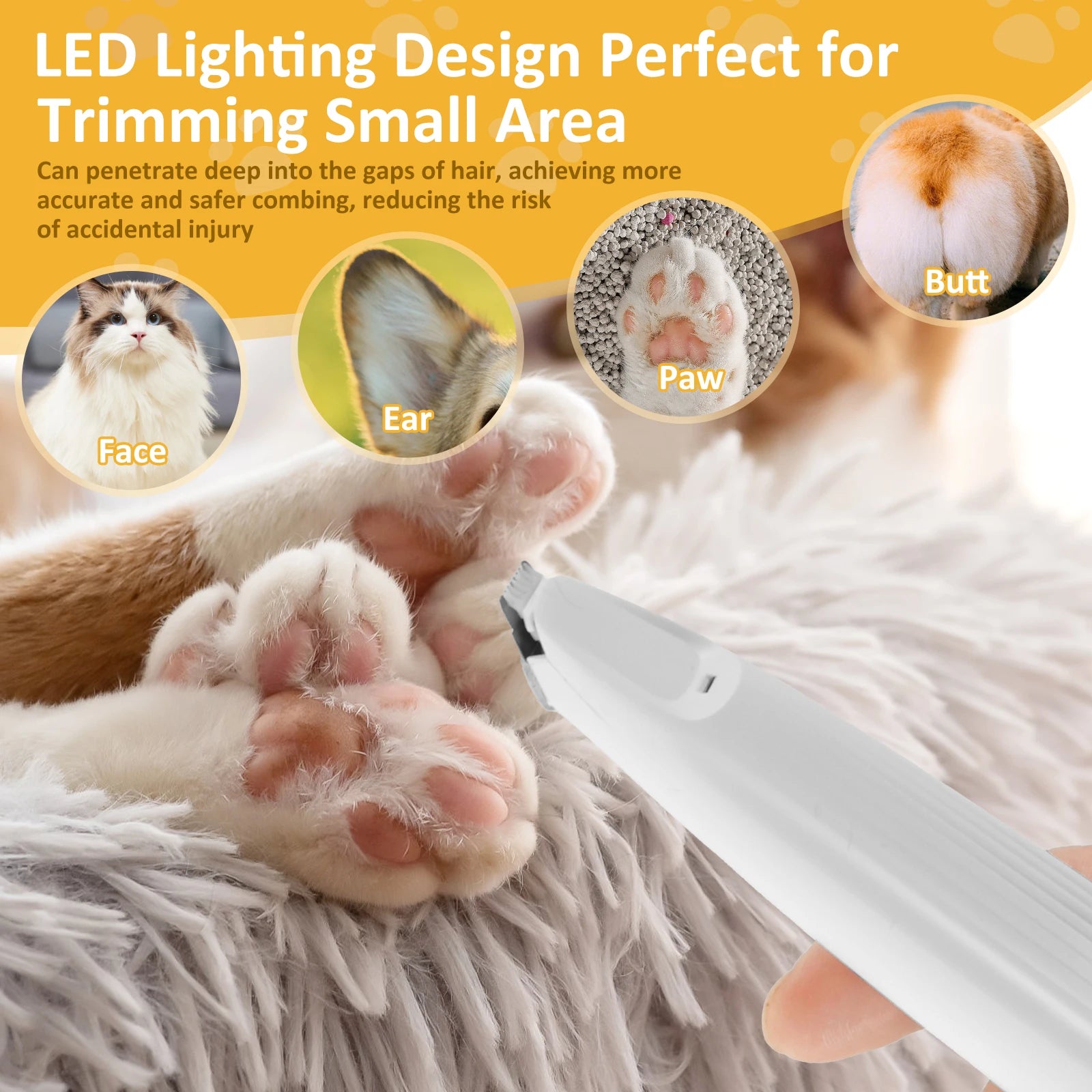 Pet Dog Paw Trimmer with LED Light Low Noise Shaver High-Speed Waterproof Dog Cat Hair Trimmer Clippers Cordless Grooming Tool Pi-Mart
